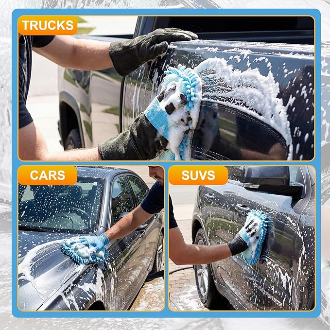 3 Pack Chenille Premium Scratch-Free Microfiber Wash Mitt Car Wash Sponges, Non-Scratch Car Cleaning Sponge Mitts, Ultra-Soft Glove, Swirl-Free Finish, Safe for Trucks, Suvs (Light Blue)