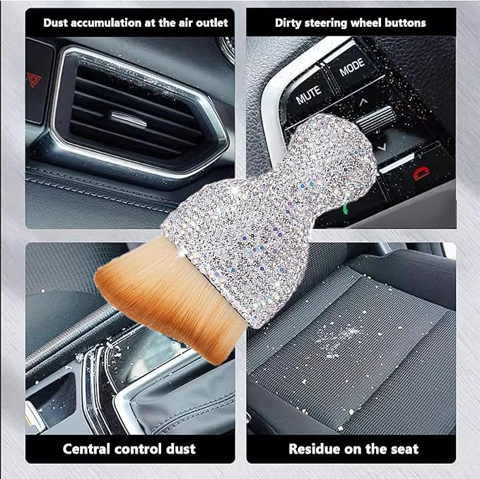 Car Interior Brush Blingbling Car Accessories for Women,2Pack Dust Sweeping Soft Brush with Rhinestone Handle,Detailing Brush Cleaner for Air Conditioner Vents, Computer Keyboard, etc (Sliver 2PCS)