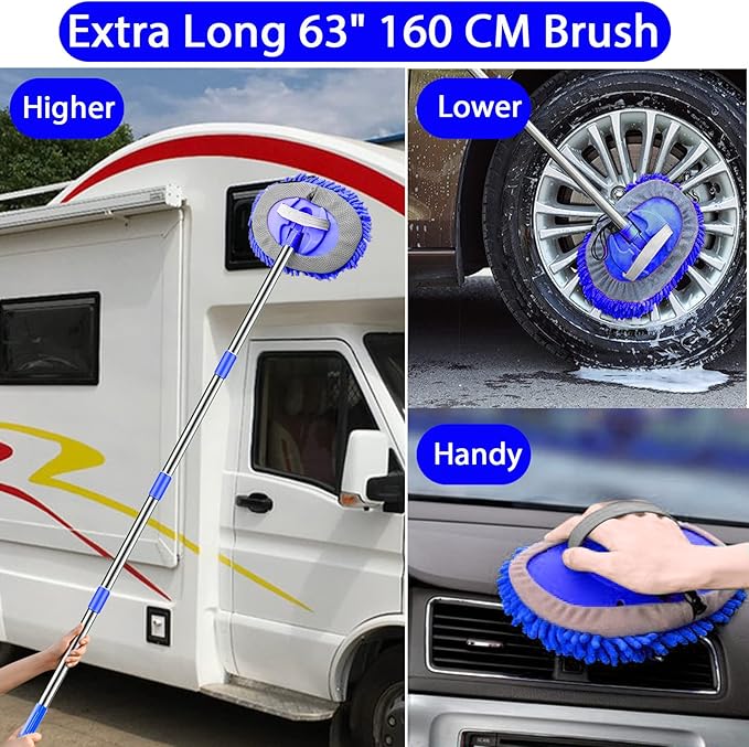 WillingHeart 63" Car Wash Mop Brush Tool Mitt with Long Handle Length More Suitable for Washing American Cars Truck, SUV, RV, Trailer, 2 in 1 Chenille Microfiber Duster Not Hurt Paint Scratch Free