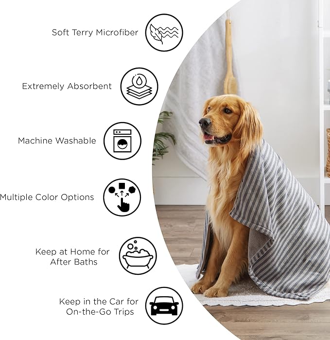 Bone Dry Pet Grooming Microfiber Towel, Striped Collection, X-Large, 41x23.5, Rose (Pack of 2)