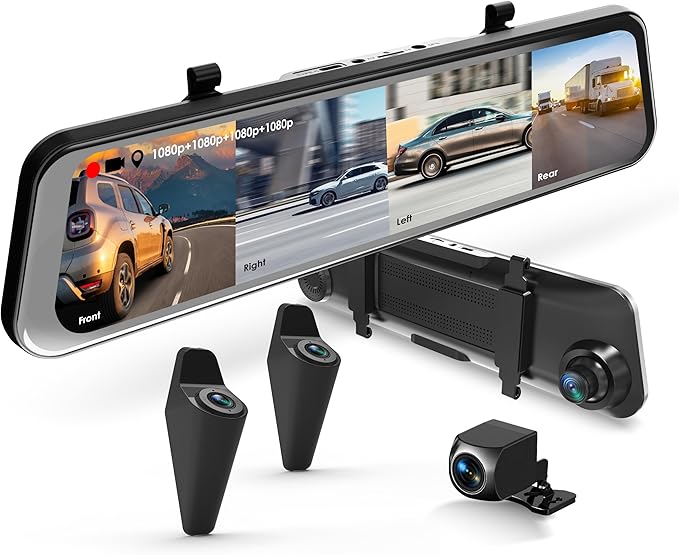 U24 Mirror Dash Cam, 4-Channel, 12” Touchscreen, 1080p, 170° Wide Angle, Stream Media, Auto-Backup Camera for Car, Truck, Taxi, Night Vision, Parking Monitor，Free 128GB Card