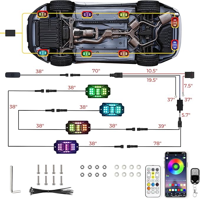 4 Pods 84 LEDs 5 Sides RGB Rock Lights, App/Remote Control Rock Lights for Trucks, Waterproof Multi-Color Bright Underglow Kits, Music Mode, Compatible with 12V Jeep UTV SUV ATV Golf RZR(Patented)