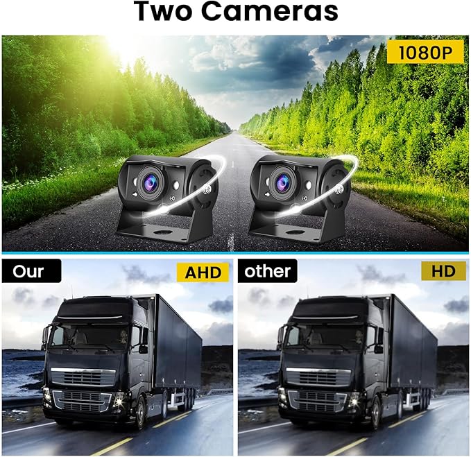 Hikity 7'' Backup Camera Monitor Kit, Dual RV Reverse Camera System for Trucks/SUV/Bus/Pickup, Plug & Play, 1080P HD, Night Vision, Wide Angle, IP69 Waterproof Rear View Camera, (49.2ft Video Cable)