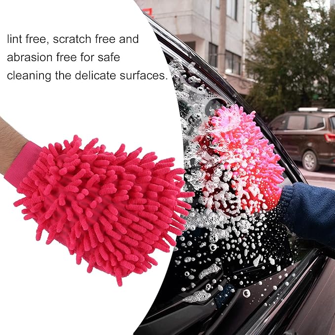 Microfiber Washing Glove, Pink Chenille Car Wash Mitt Scratch Free for Furniture for Motorcycle