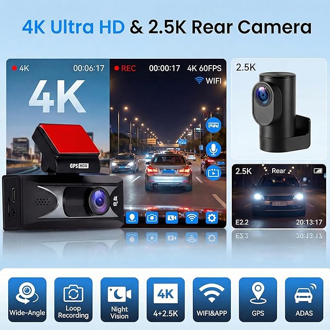 Hodozzy 4K Dash Cam Front and Rear, 3.16 Inch Screen with Built-in WiFi & GPS, 4K UHD Front + 2.5K Rear Camera, ADAS, Night Vision, G-Sensor, 24H Parking Mode (Hardwire Kit Optional)