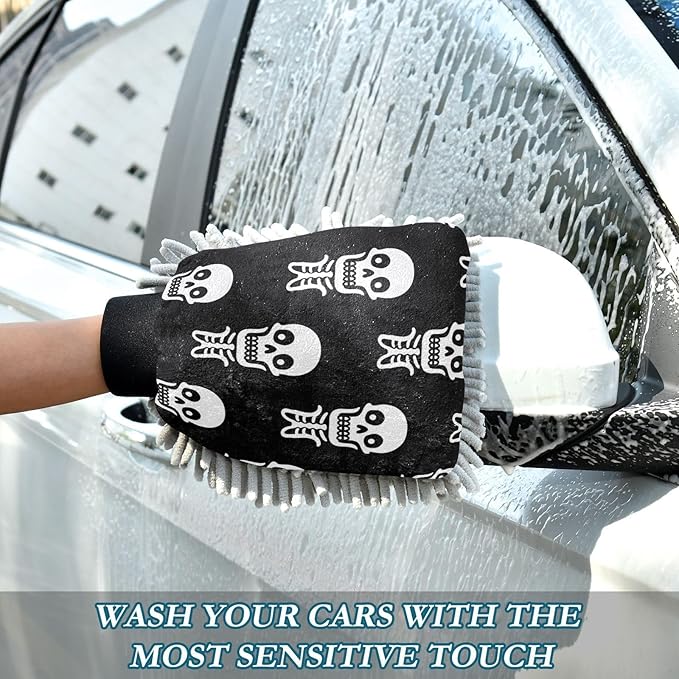 Qilmy White Skeleton Pattern Microfiber Chenille Car Wash Sponge Scratch Free Car Wash Mitt Absorbent Mitt Sponge for Trucks SUVs Car Washing Home Cleaning, Large