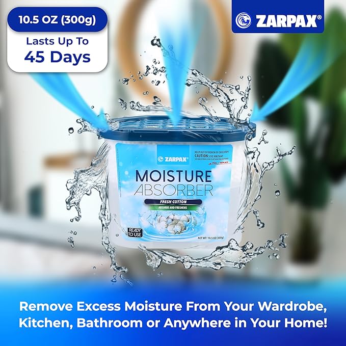 ZARPAX Moisture Absorber Fresh Cotton 10.5 oz/300g | Removes Moisture, Damp & Humidity | Odor Absorber With Fresh Cotton Fragrance | Moisture Trap for Bathroom, Closet, Kitchen | Set of 4