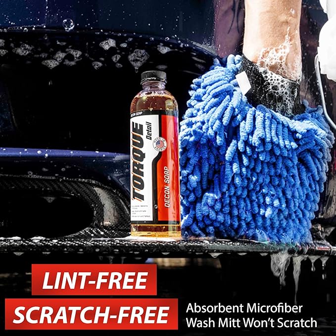 Torque Detail Decon Wash Pack - Decontamination Soap 8oz + Wash Mitt - Surface Strip Wash Car Shampoo - Highly Absorbent Microfiber Chenille Car Wash Mitt Safely Cleans Your Vehicles Entire Surface