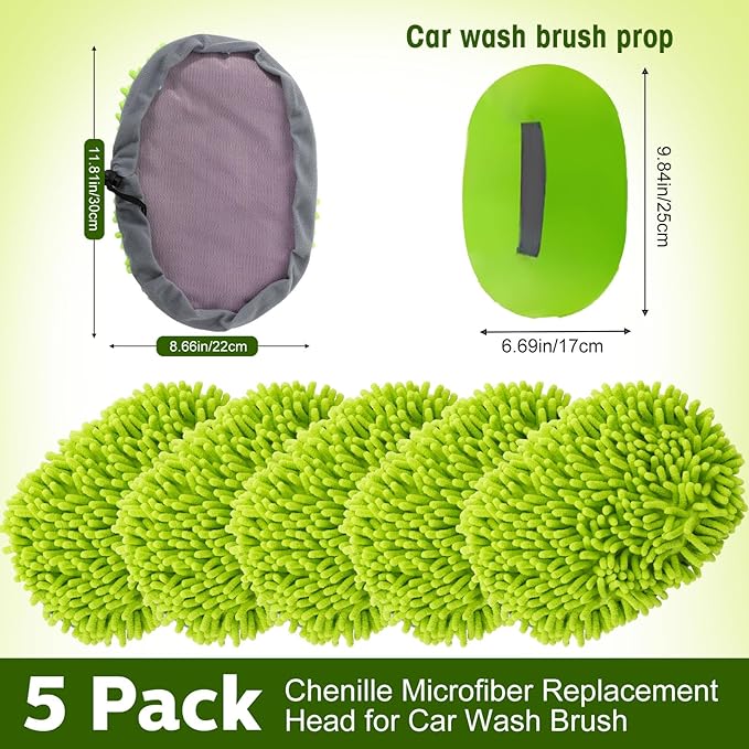 Tallew 5 Pcs Car Wash Mitt Kit, Car Clean Brush Not Included, Microfiber Mitt Clean Detail Cleaning Tools Truck Washing Chenille Scratch Free Replacement Kit for Auto RV Pickup Bus(Green)