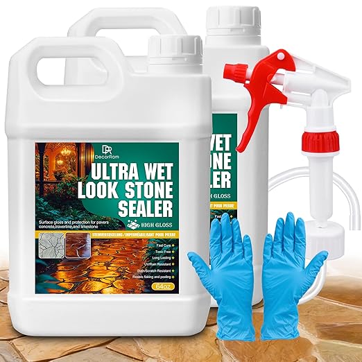 Wet Look Stone Sealer - 1 Gallon Concrete Sealer & Paver Sealer with High Gloss Finish, Stain Proof, Water Resistant & Long-Lasting Durable Protection for Driveways, Slate, Sandstone, Travertine