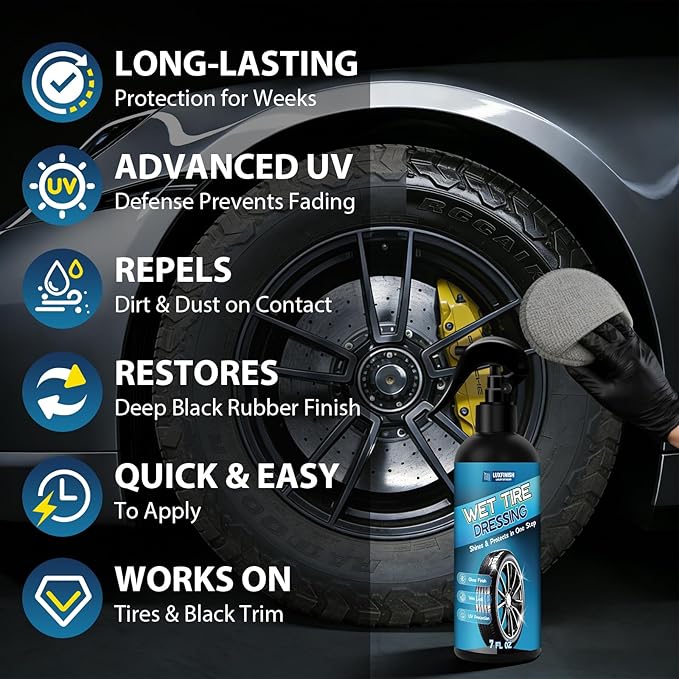Tire Shine Spray – High Gloss Wet Look with UV Protection, Deep Black Finish for Tires & Trim, Long Lasting Car Tire Dressing for Cars Trucks SUVs Motorcycles RVs, 7oz