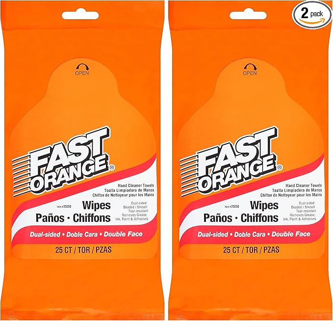 Fast Orange 25050 Hand Cleaner Wipes, Mechanic Wipes For Auto Shop, Heavy Duty Wipes, Removes Grease, Oil, Exhaust Fumes From Hands And Skin, 25 Count (Pack of 2)