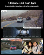3 Channel 4K WiFi Dash Cam, 4K+1080P+1080P Front Inside and Rear, Triple Dash Camera with 32GB Card, APP Control, G-Sensor, 24 Hours Parking Mode, Loop Recording, Night Vision