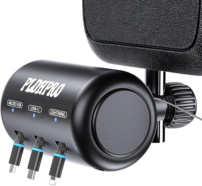 Retractable Car Backseat 3 in 1 Multi Charging Station Box with USB Type C Lightner Retractable Cables for All Phones | iPhone | Samsung | Android | Uber | Share Ride Customer Charging Dock