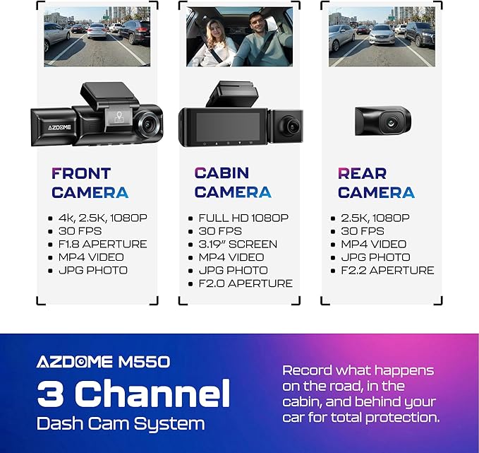 AZDOME M550 3CH Dash Cam 4K - 3.19" Screen IR Night Vision - 24H Parking Mode - 3-Channel Dash Cam - Interior IR Camera - Built-in GPS & WiFi - Three-Mode Parking Monitor