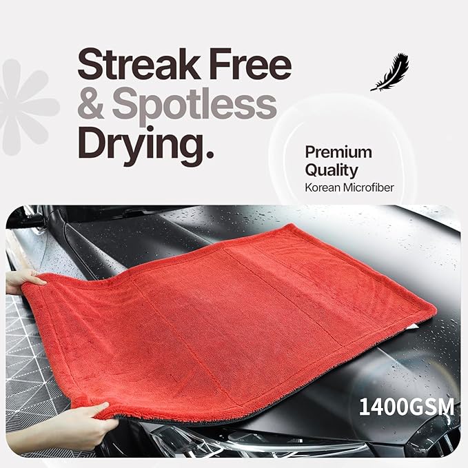 Extra Large Microfiber Twisted Car Drying Towel, Red and Grey, Ultra Absorbent, 24 * 36 Inches, One-Swipe Drying, for Car Exterior