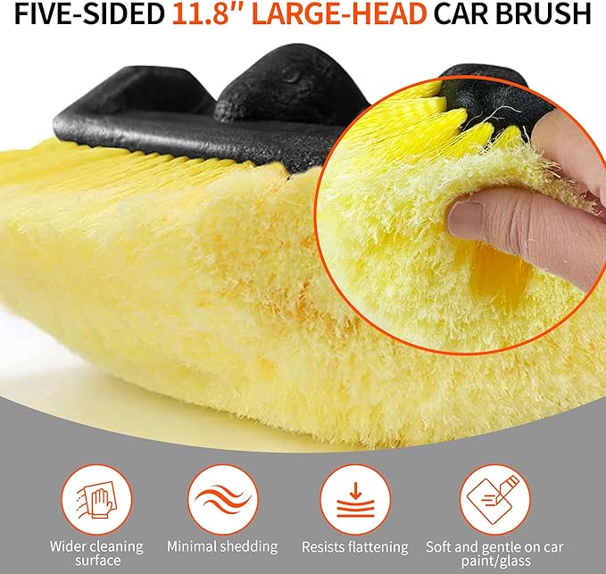 Car Wash Brush with Long Handle, 20FT Reach Telescopic Flow-Thru Car Washing Brushes, 11.8" Soft Bristle Cleaning Brush with On/Off Switch for Auto Cars, Trucks, RV, Truck, Boat, Wall, Solar Panels