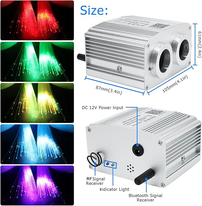 AZIMOM Dual Port 16W Twinkle Bluetooth Fiber Optic Lights Star Ceiling Light Kits Mixed860pcs*13.1ft Fibers Strands Sound Activated RGBW APP/Remote Light Engine for Car Home Starlight Headliner Decor
