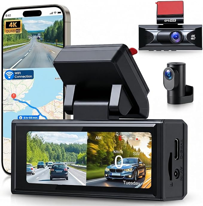 Hodozzy 4K Dash Cam Front and Rear, 3.16 Inch Screen with Built-in WiFi & GPS, 4K UHD Front + 2.5K Rear Camera, ADAS, Night Vision, G-Sensor, 24H Parking Mode (Hardwire Kit Optional)