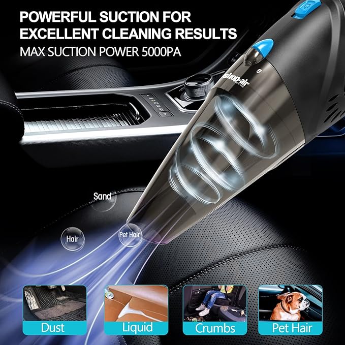 Car Vacuum Cleaner, 12V/106W High Power Handheld Portable Car Vacuum with 16 Ft Cord, Attachments, Filters and Storage Bag, Suitable for Car (Blue Button)