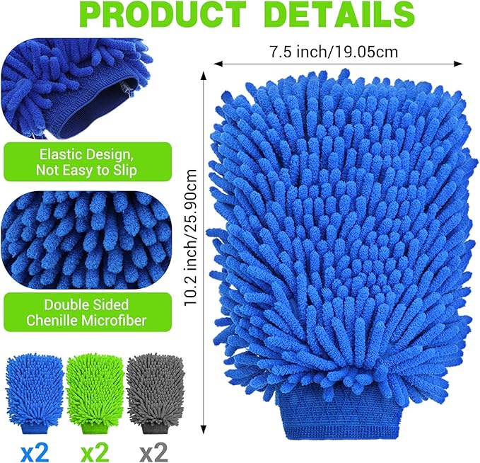 12 Pcs Car Wash Mitts, Scratch-Free Microfiber Chenille Glove Mitts for Auto Detailing, Lint-Free and Highly Absorbent, Double-Sided Plush Mitts in Green Blue Gray, 10.2 x 7.5 Inch