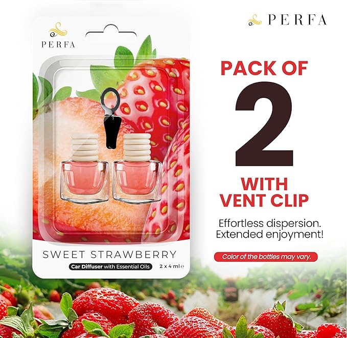 Strawberry Vanilla Car Air Freshener | Hanging Car Freshener with Vent Clip | Long Lasting, Slow-Release Aroma Technology, Adjustable Scent Intensity | Scented Automotive Accessories by Perfa