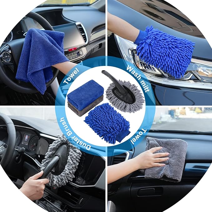 AUTODECO 33Pcs Car Wash Detailing Kit Cleaning Kits with Foam Gun Sprayer Brush Large Wash Mitt Towels Complete Interior Exterior Car Washing Supply Set Blue