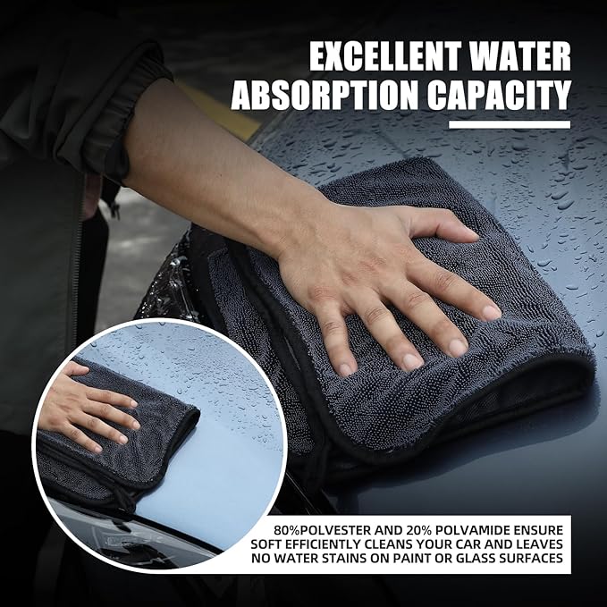 1300GSM Microfiber Car Cleaning Kit 4 Pack, 2 Chenille Wash Mitts & 2 Drying Towels (90cm×60cm & 60cm×40cm), Scratch-Free Lint-Free for Car RV Truck
