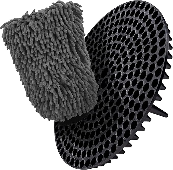 WASH&WHIPS Chenille Premium Scratch-Free Microfiber Lint-Free Blue Wash Mitt 8" x 10"in & Black Pitstop Particle Interceptor - Regular Size, 8" x 10"in