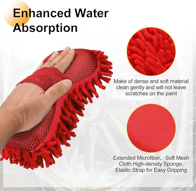 HARFINGTON 2pcs Car Wash Sponge 8.7" x 4.3" Chenille Microfiber Mitt Scratch-Free Absorbent Scour Scrubber Cleaning Sponge for Washing Detailing on Cars, Trucks, SUV, Boats, RVs, Red