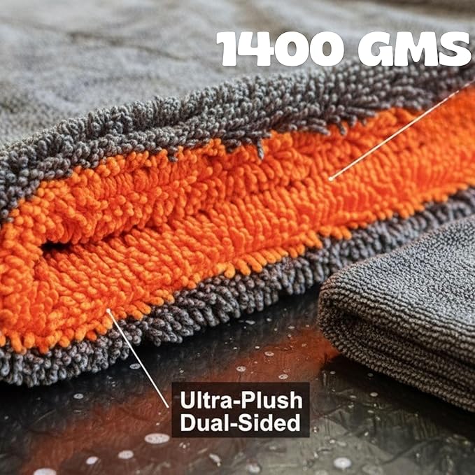 Microfiber Car Towel 16"x16" – 1400 GSM Twisted Yarn, Ultra Absorbent, Scratch-Free, Machine Washable – Bonus 12"x12" 600 GSM Detail Towel for Him/Her(Orange/Gray)