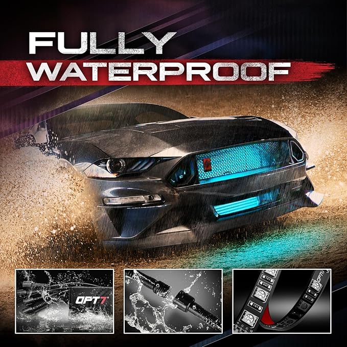 OPT7 Aura 4PCS RGB LED Grille Lights with Remote Control, 12 inches Waterproof LED Strip Lights, Multicolor, Dimmer, Fade, Cycle, Strobe, Peel'n'Stick Front Grill Valence, Car Truck SUV Decorations