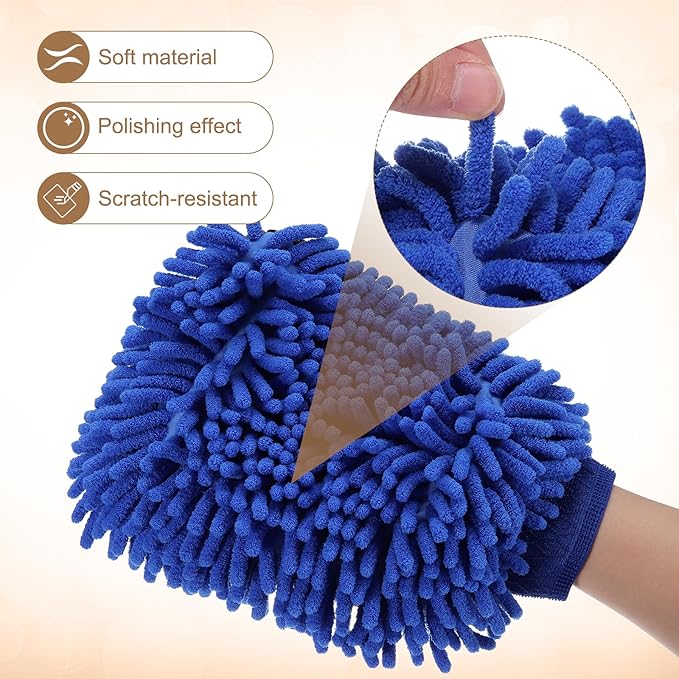 HARFINGTON 2pcs Chenille Microfiber Car Wash Mitts 9.8" x 7.9" Scratch Free Wash Gloves Absorbent Double Sided Plush Cleaning Drying Mitts for Car Washing Home Clean, Blue