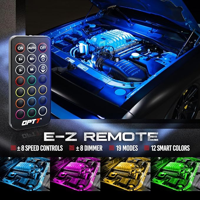 OPT7 Aura Engine Bay RGB LED Light Kit with Remote Control, 4 pc 12" Waterproof Under Hood Light Strips, Multicolor Mode, Exterior Neon Accent Lighting for Cars Trucks SUVs Vans, Universal Car Décor