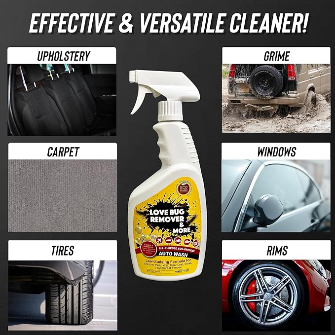 Love Bug Car Remover Spray and Auto Wash. Multi-Surface Remover and Wash Bird Poop, Tar, Sap, Bugs and More. Interior & Exterior Car Detailing Solution. 24 oz spray bottle w/ microfiber cloth. No Chemicals