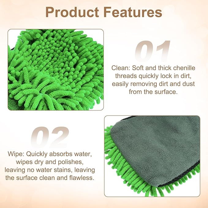 HARFINGTON 2pcs Chenille Microfiber Car Wash Mitts 9.8" x 7.9" Scratch Free Wash Gloves Absorbent Double Sided Plush Cleaning Drying Mitts for Car Washing Home Clean, Green