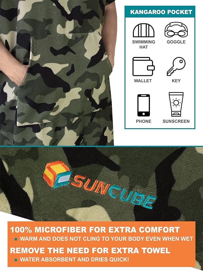 SUN CUBE Surf Poncho Changing Robe with Hood | Absorbent Quick Dry Microfiber Wetsuit Changing Towel with Pocket for Surfing Men Women