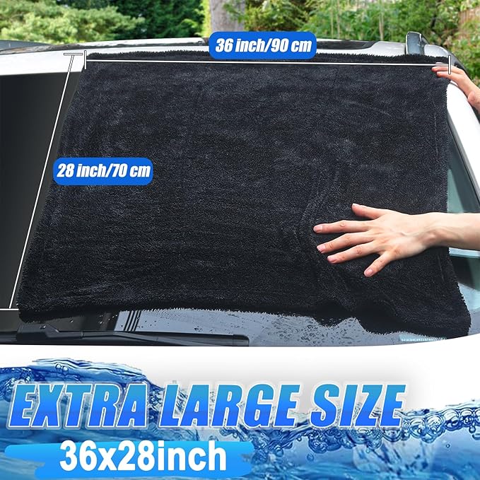 Premium Car Drying Towel, 36x28 inch XL Microfiber Towel, 1300 GSM Microfiber Cleaning Cloth, Super Absorbent, Leaves No Streaks, Scratches, or Water Spots, Dries an Entire Vehicle, Black