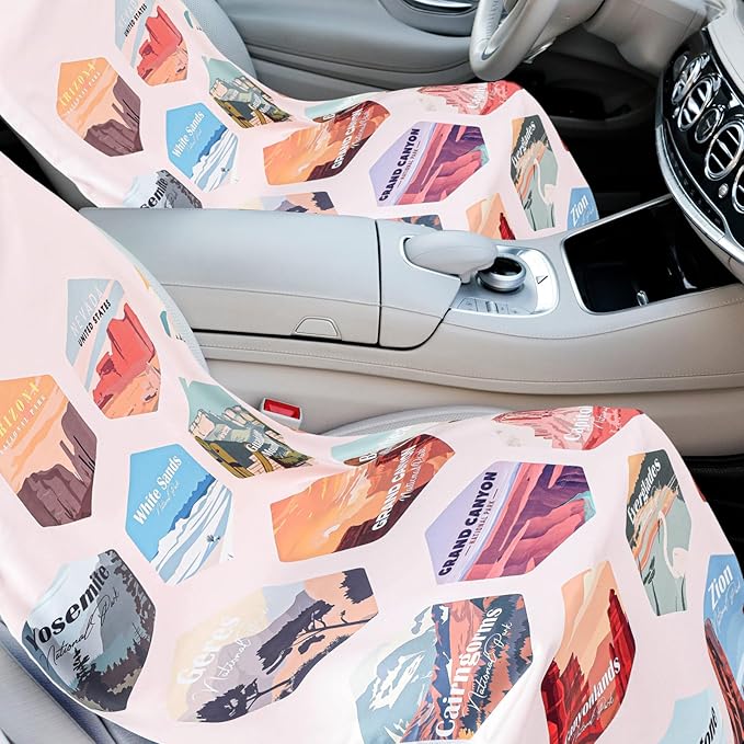 Hahafelt 1 Pack Car Seat Towel Covers with Storage Bag, 63 x 32 Inch Universal Non Slip Waterproof Sweat Protector for Car Truck, Gym Swimming Running, Machine Washable (Multi National Parks)