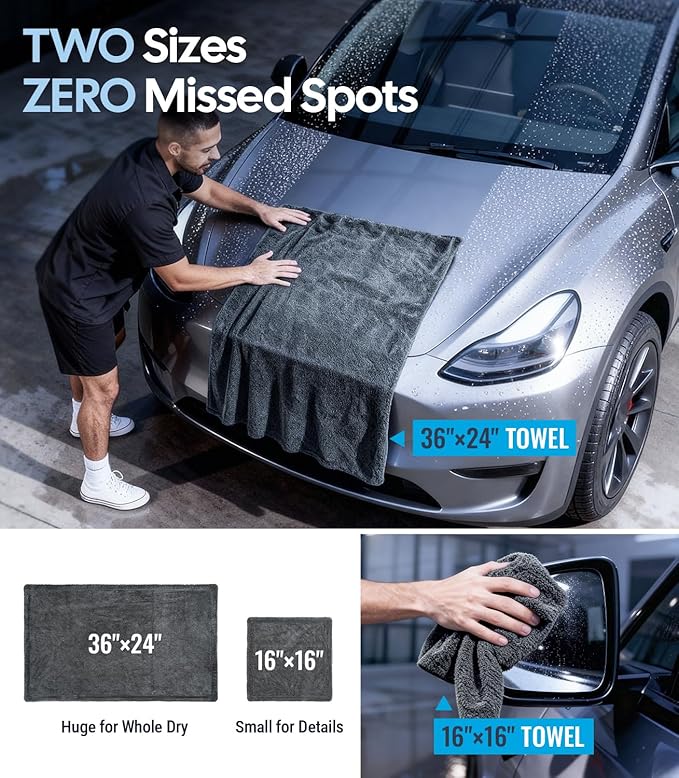 Wigoo Microfiber Car Drying Towels 36" x 24" [1300GSM Ultra-Absorbent, No Streaks & Scratches] Dual-Sided Edgeless Cleaning Towel with Twisted Loop, for Detailing, Cars, SUV, Truck(2-Size Green Set)
