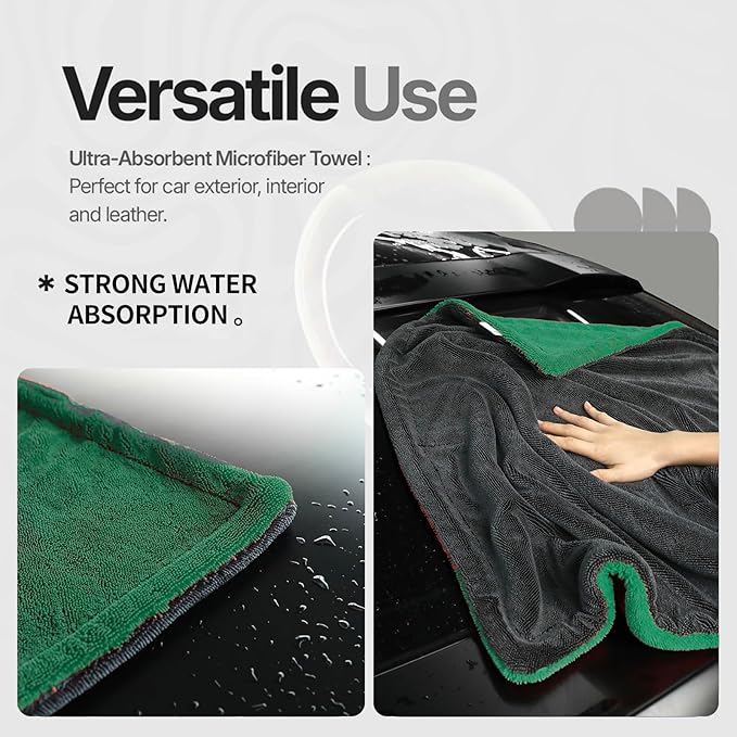 Extra Large Car Drying Towel, 36 Inches, 1300gsm,Super Absorbent Polyamide, Double-Twisted Design (Green and Grey)