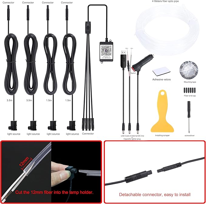 4 m Optic Fiber Car Ambient Lighting Kit Bluetooth App Control 64 Colors Multicoloured Music Interior Lighting Kit 12V 1W