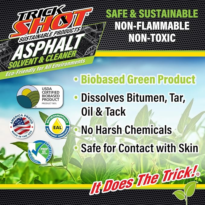 Trick Shot Asphalt Solvent and Cleaner - USDA Biobased Industrial Degreaser for Paving Equipment & Tools, Heavy Duty Formula, Food Grade Tar Remover & Bitumen Remover, Made in USA - 1 Gallon