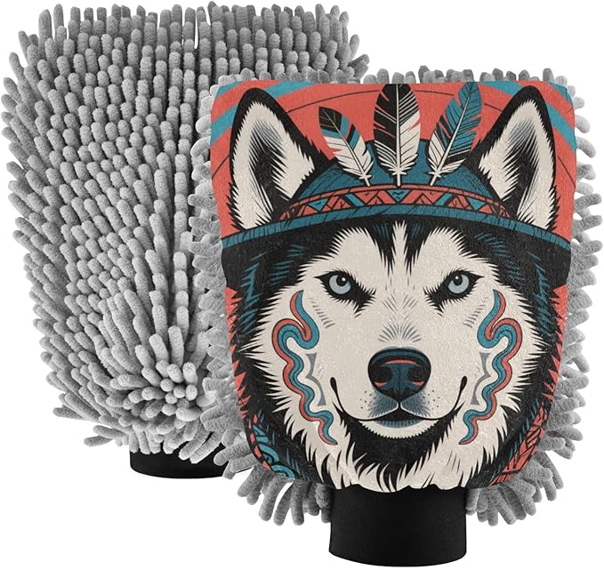 Tribal Style Husky Dog Car Wash Mitts Scratch Free Wash Mitt For Cars Car Cleaning Wash