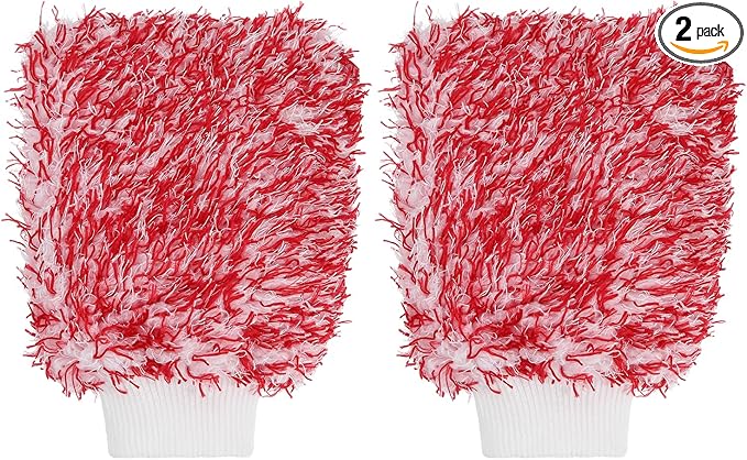 HARFINGTON 2pcs Chenille Microfiber Car Wash Mitts 9.1" x 6.7" Scratch Free Wash Gloves Absorbent Double Sided Plush Cleaning Drying Mitts for Car Washing Home, Red