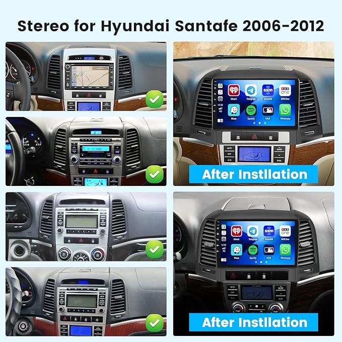 Hikity 6+128GB 8 Core for 2006-2012 Hyundai Santa Fe Upgrate Android Radio with Wireless Carplay, 9'' Touch Screen Stereo Dash Kit, Android Auto/32EQ DSP/Bluetooth 5.0/GPS/WiFi/SWC, Backup Camera