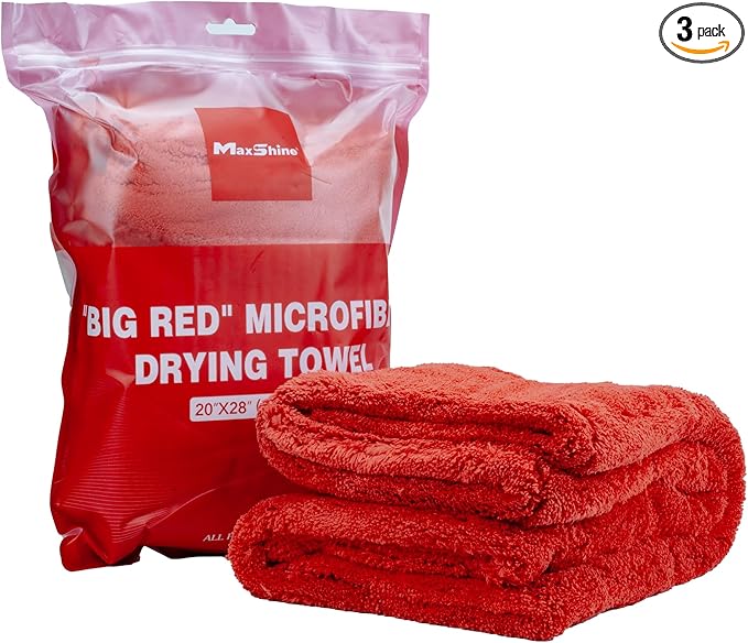 Maxshine 3-Pack Big Red Microfiber Drying Towels (1000GSM, 20x28 / 51x71cm) | Large Plush Double-Sided Towels | Super Absorbent Rinse-Free Microfiber for Car Wash Drying & Professional Auto Detailing