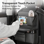 2 Pack Universal Premium Leather Foldable Car Backseat Organizer with Table Tray, Seat Back Protector with Touch Screen Pad Phone Holder, Car Storage Pockets Tissue Box with School Bags Hooks