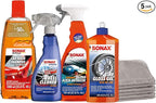 SONAX Premium Exterior Car Wash Kit | 5-Piece Complete Car Care Set | Car Wash Shampoo, High Speed Wax, Wheel Cleaner, Tire Gloss Gel & 3-Pack Microfiber Cloths | Professional Car Detailing Kit