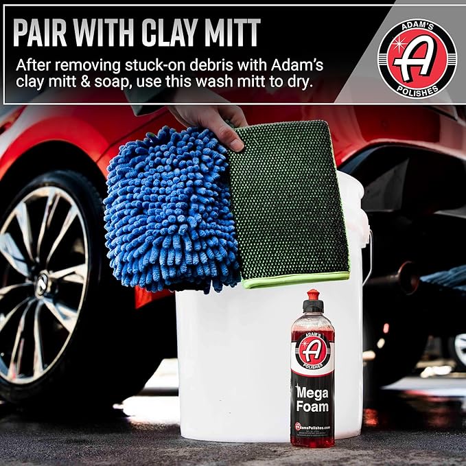 Adam's Chenille Car Wash Mitt - Premium Soft Microfiber Washing Glove for Car Cleaning & Detailing, Safe, Scratch-Free for Auto, Truck, RV, Motorcycle & More (Blue, 1pk)